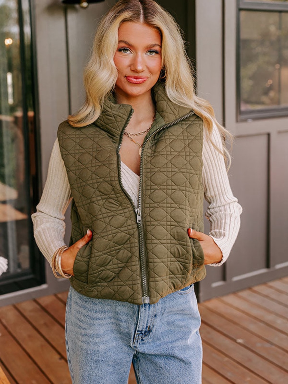 entro Quilted Olive Green Zip-Up Puffer Vest